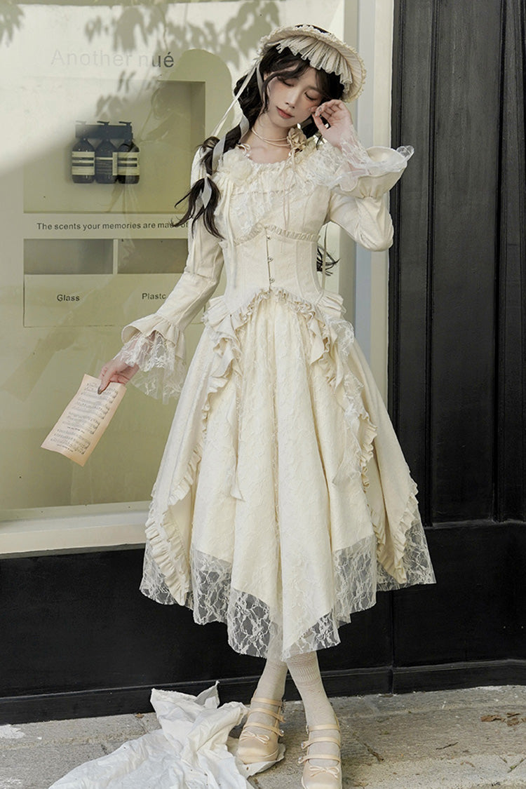 Ivory [White Tea] Long Sleeves Ruffle Bowknot Lace Irregular Classic Princess Lolita Dress