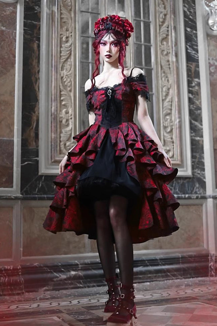 Black/Red Feast in Hades Short Sleeves Print Ruffle Cardigan Gothic Lolita Dress