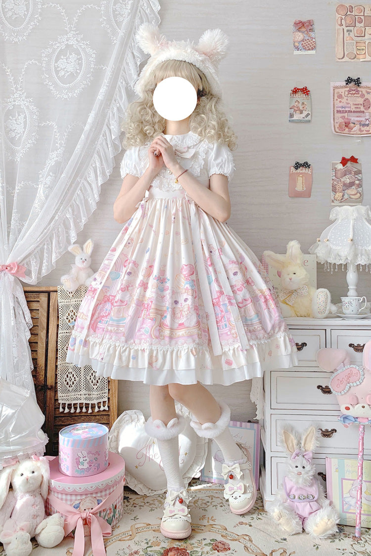 Elfenbeinfarbenes süßes Lolita JSK-Kleid mit Katzen-Print und hoher Taille, Rüschen und Schleife