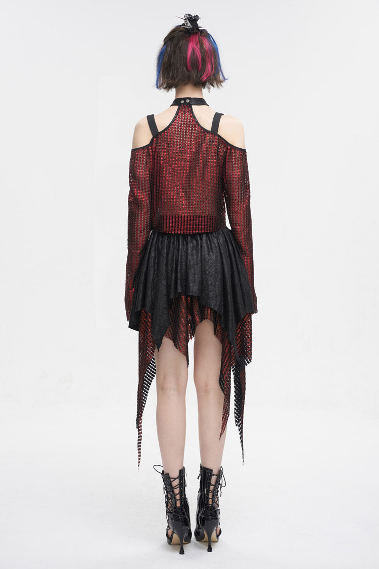 Rotes, schulterfreies, transparentes Crop-Top mit Schnalle für Damen im Gothic-Stil