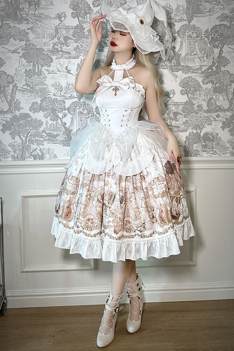 White [The Mystery of The Doll] Halterneck Print Ruffle Bowknot Drawstring Gothic Lolita Dress