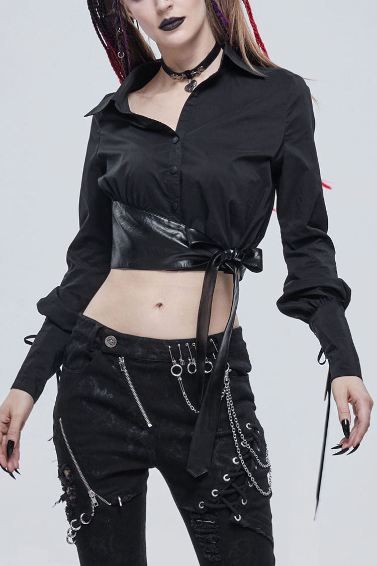 Black Punk Asymmetrical Neckline Buttonhole Cuffs With Cord Design Cropped Thin Texture Long Sleeve Women's Shirt