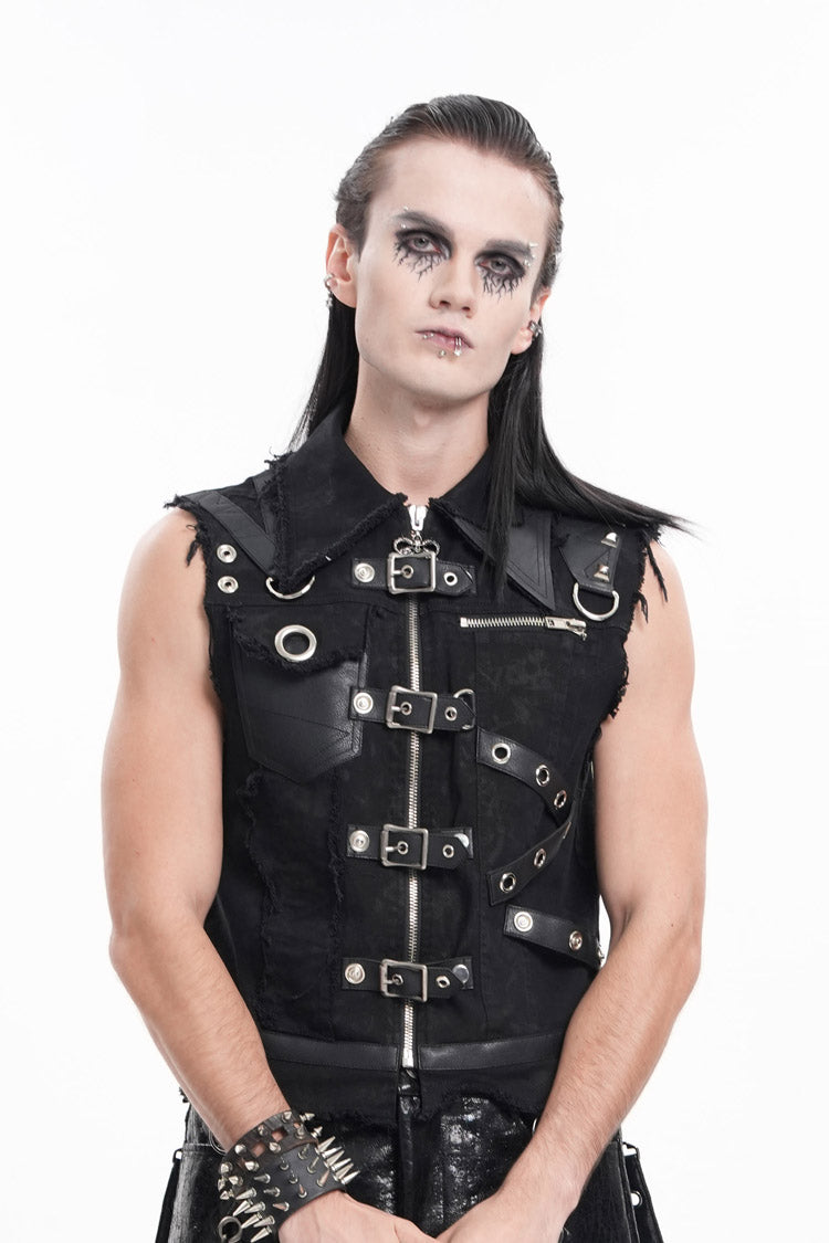 Black Lapel Collar Sleeveless Ripped Buckle Eyelets Men's Gothic Vest