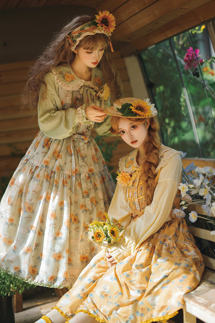 Yellow [Gardening Sunflower] Sleeveless Print Ruffle Bowknot Sweet Elegant Lolita Jsk Dress