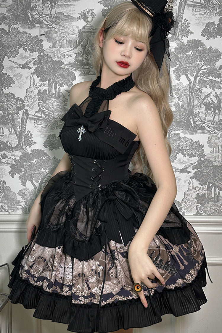 Black [The Mystery of The Doll] Halterneck Print Ruffle Bowknot Drawstring Gothic Lolita Dress