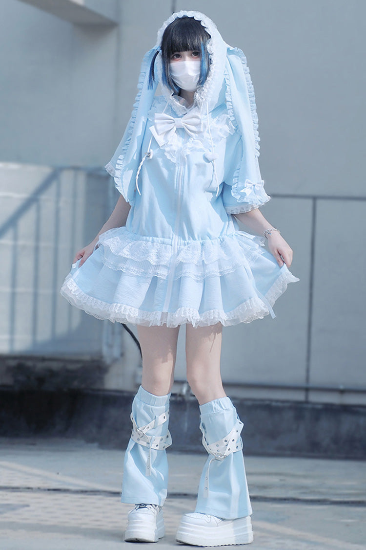 Blue Rabbit Ears Hooded Bowknot Lace Sweet Lolita Coat Set