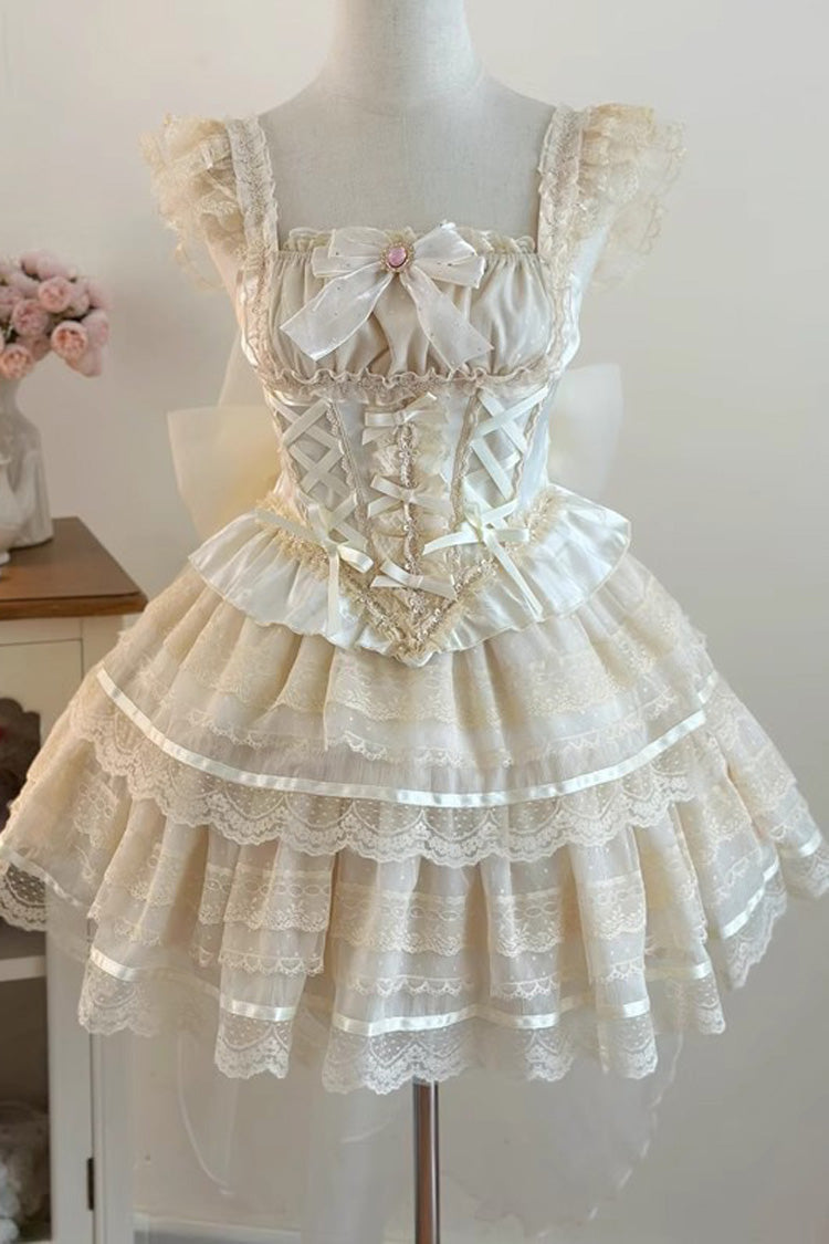 Apricot [Girl Love] Double-Layered Bowknot Lace Sweet Ballet Lolita Skirt Set