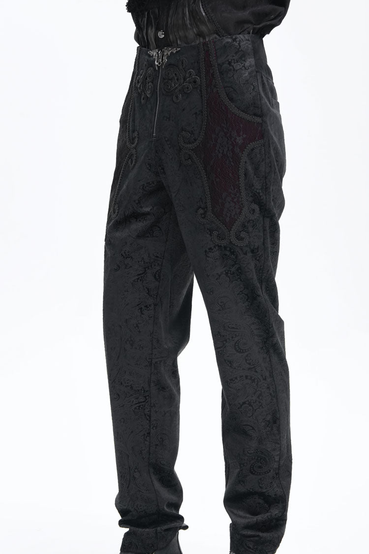 Black Floral Branded Print Embroidery Zipper Men's Gothic Pants