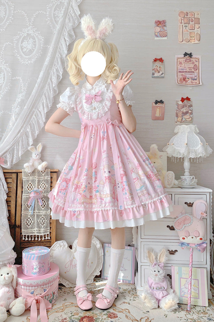 Pink Cute Cat Print High Waisted Ruffle Bowknot Sweet Princess Lolita JSK Dress