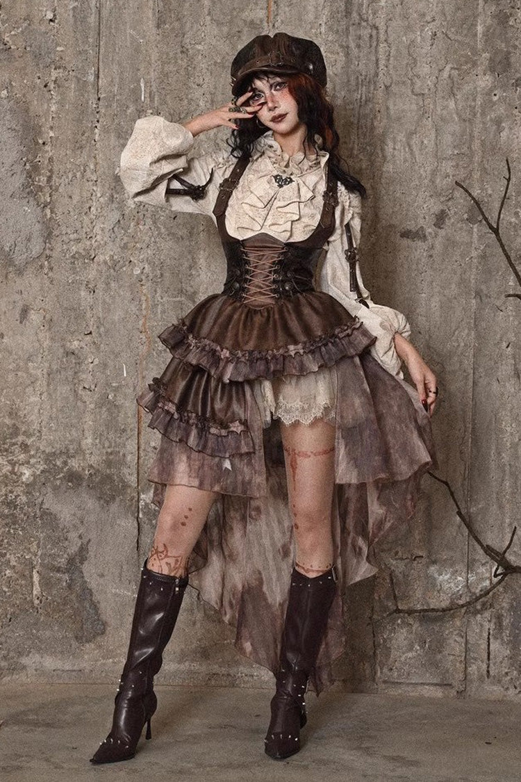 Brown Chest Straps Ruffle Irregular Detachable Tail Punk Lolita Dress