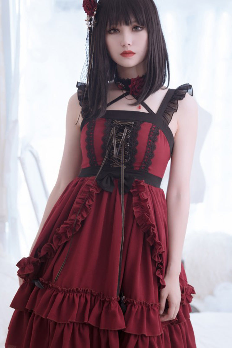 Red [Seven Deadly Sins - Wrath] Double-Layered Ruffle Stitching Lace Gothic Lolita Jsk Dress