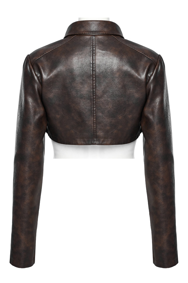 Brown Lapel Collar Long Sleeves Stitching Women's Faux Leather Punk Short Jacket