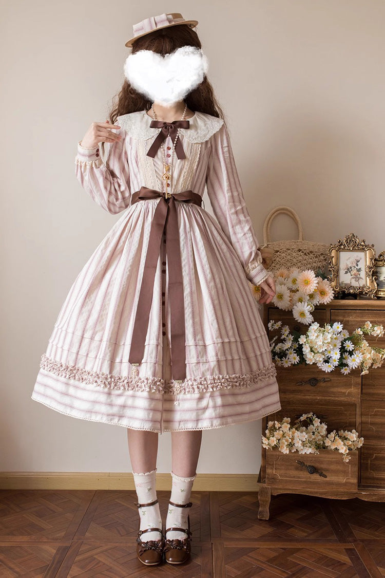 Forest Atlas süßes Lolita-Kleid mit Streifenmuster, langen Ärmeln und Schleife, 3 Farben