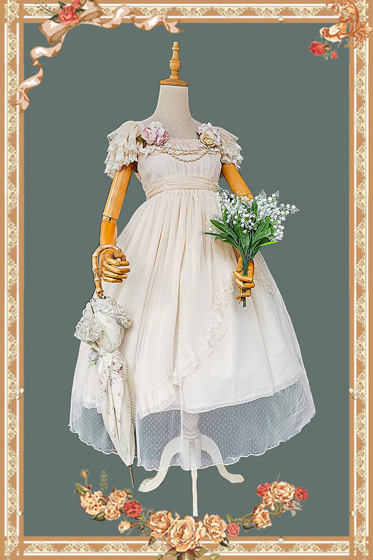 Apricot [Moon goddess *Mediana*] Polka Dot Print Ruffle Bowknot Asymmetric Sweet Elegant Lolita Dress