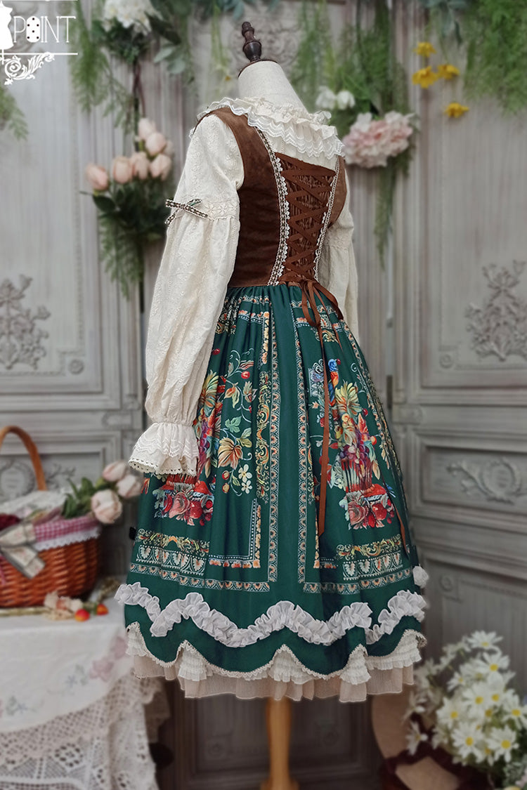 Grün [Ode an die Fülle] Beeren- und Vogeldruck Rüschen Bowknot Samt Klassisches Lolita Brustunterstützung Jsk Kleid