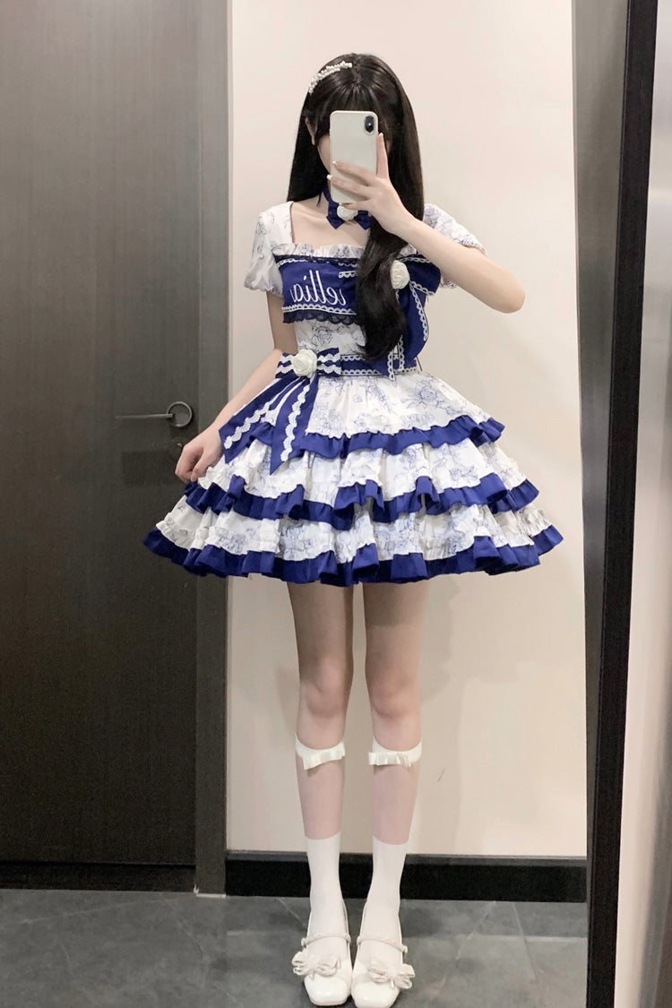 Blue/White Porcelain Print Multi-layer Ruffle Embroidery Bowknot Sweet Lolita Dress