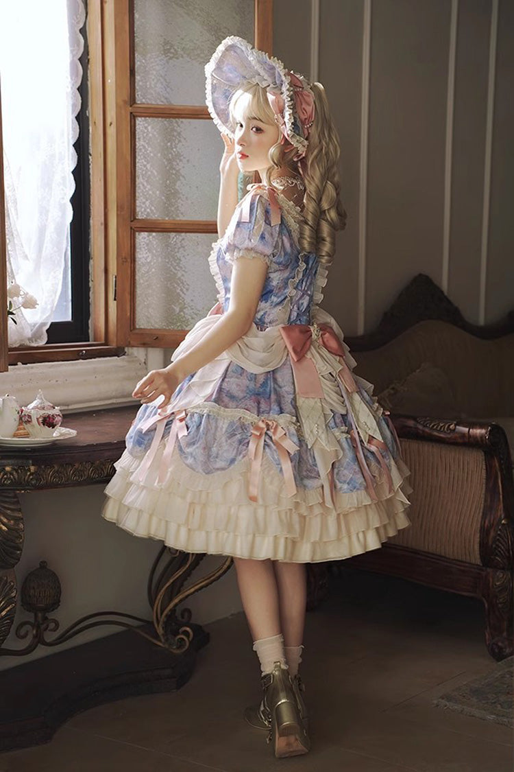 [Angel Heart Sky Oil Painting] Print Ruffle Cardigan Bowknot Sweet Princess Lolita Dress 3 Colors