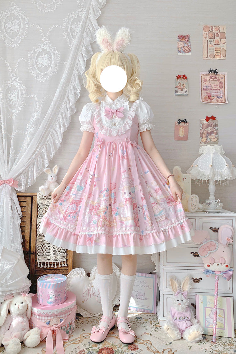 Pink Cute Cat Print High Waisted Ruffle Bowknot Sweet Princess Lolita JSK Dress