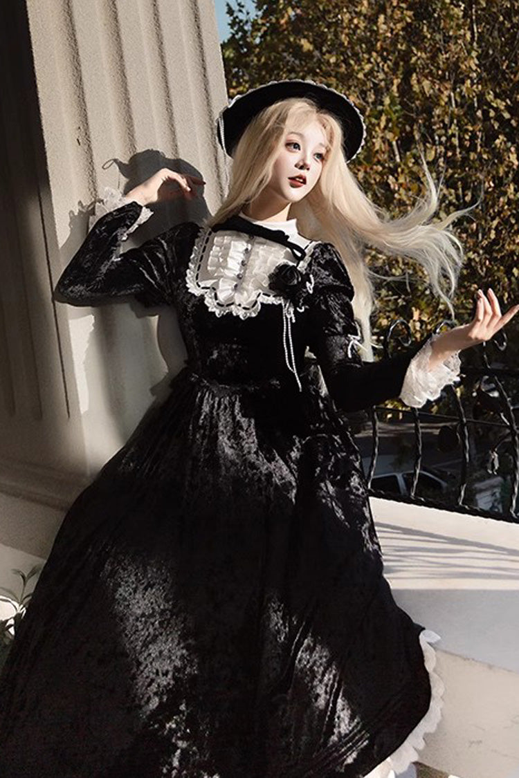 Schwarzes [Whispering Castle] Langärmliges Gothic Lolita Kleid mit Rüschen, Schleife und Spitze