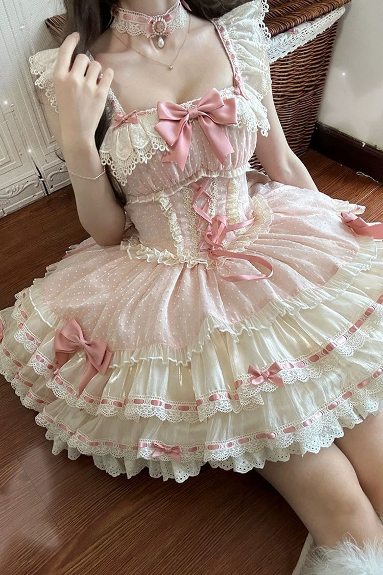 Pink Triple-Layered Bowknot Lace-Up Sweet Princess Ballet Lolita Jsk Dress