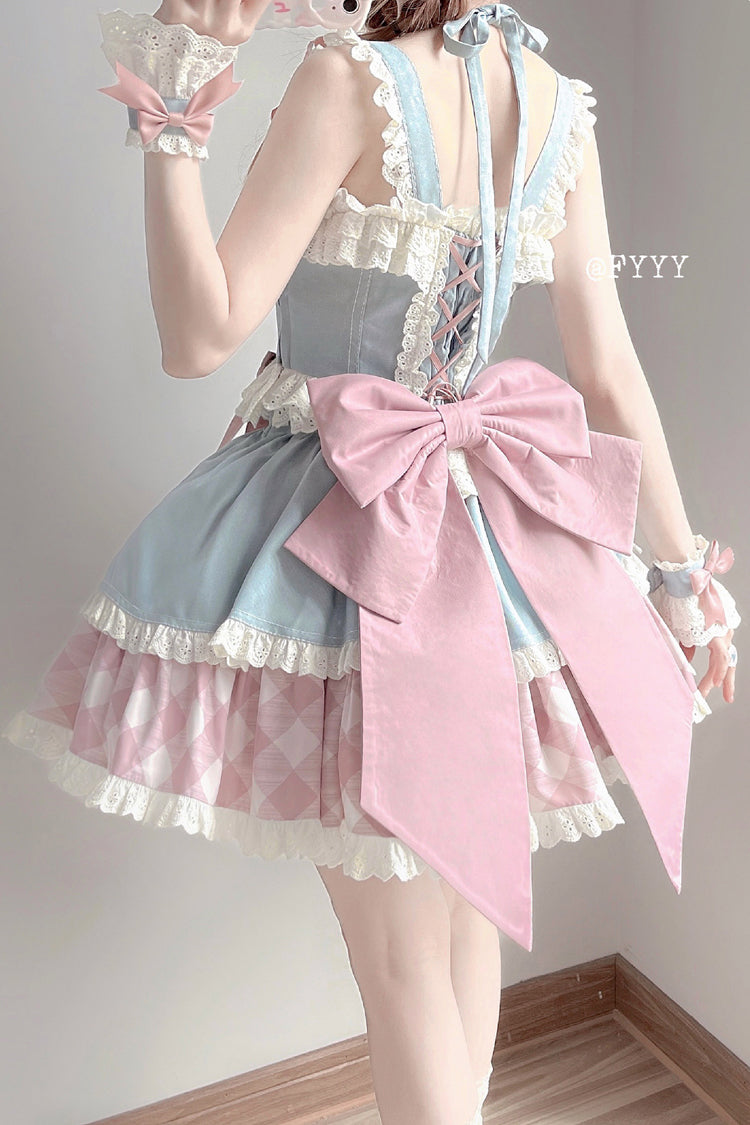 Blue/Pink [Sweetheart Cowboy] Plaid Print Ruffle Bowknot Sweet Lolita Skirt Set