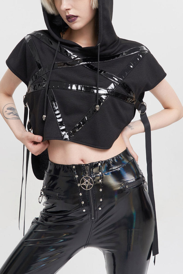 Black Short Front Long Back Stitched Shiny Leather Inverted Pentagram Shape Hoodie Short Sleeve Women's Punk T-Shirt