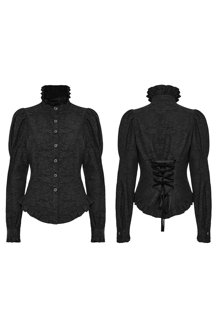 Schwarze Gothic-Bluse mit Stehkragen und langen Puffärmeln und Rüschen für Damen