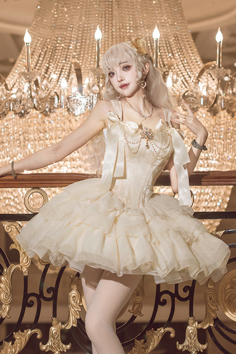 Champagne [Cream Polka Dots] Sleeveless Jacquard Bowknot Slim Sweet Ballet Lolita Skirt Dress