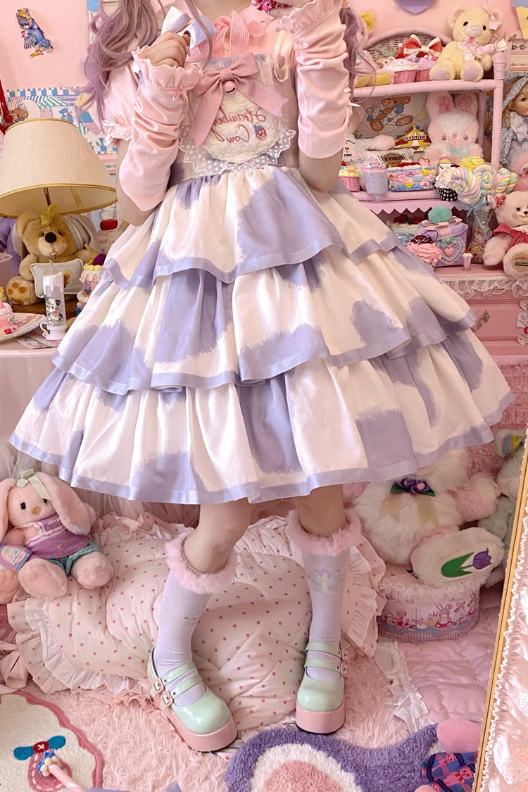 Blue Sleeveless Triple-Layered Cow Print Ruffle Bowknot Sweet Lolita Jsk Dress