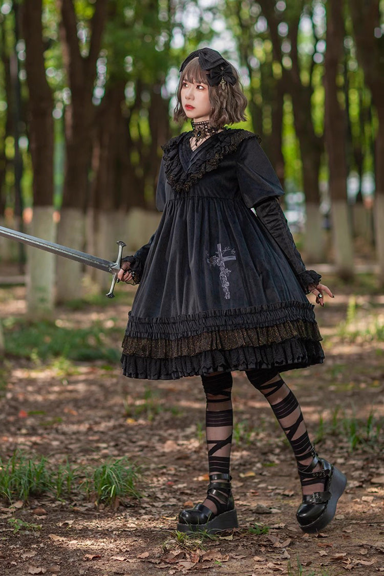 Holy Fruit Manor Gothic Lolita Kleid mit Stickerei und langen Puffärmeln und Rüschen, 2 Farben