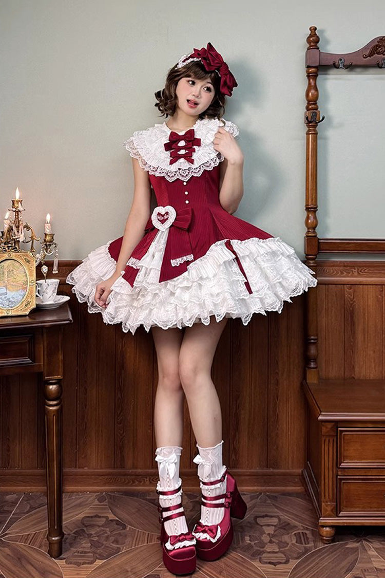 Red [Miss Tsundere] Sleeveless Multi-Layered Ruffle Bowknot Lace Asymmetric Sweet Princess Lolita Dress