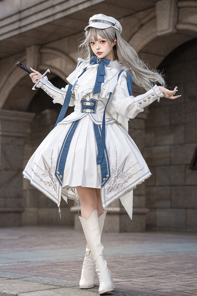 White/Blue [Star Knight] Print Punk Military Princess Handsome Ouji Lolita Skirt