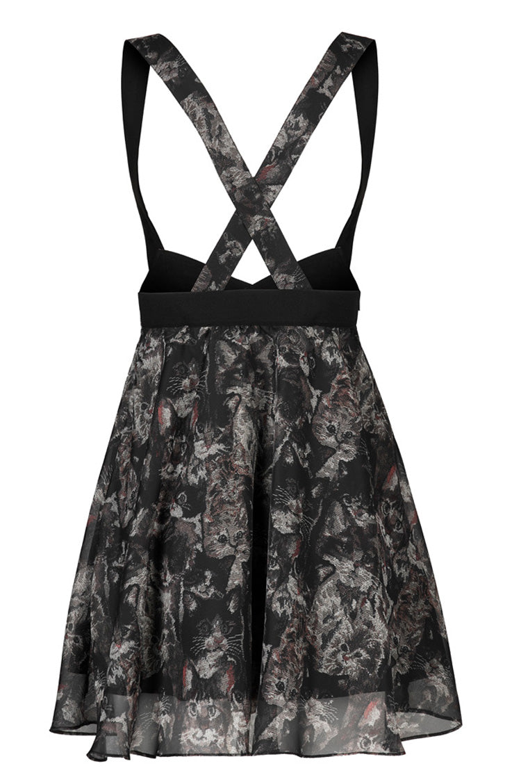 Black Super Cool Chiffon Lace Cat Print Straps Waist Low Cut A-Shaped Wide Hem Suspender Gothic Women's Skirt