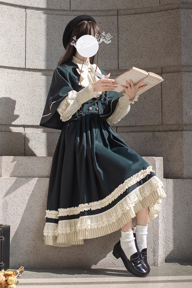 Grün [Artemis SP] Elegantes Lolita-Pulloverkleid im College-Stil mit Rüschen und Schleife