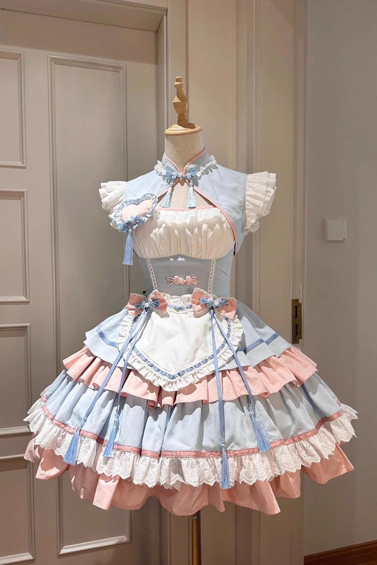 Blue/Pink Multi-Layered Ruffle Sweet Chinese Style Maid Cheongsam Lolita Dress