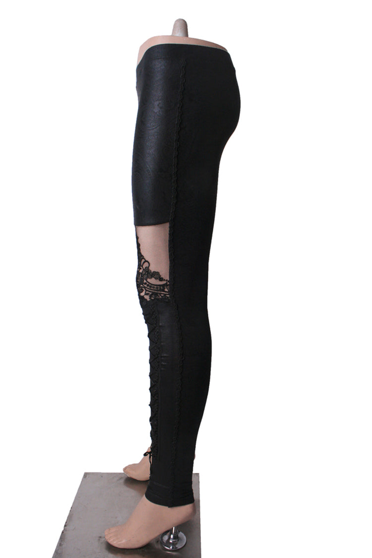 Schwarze, beflockte, spitze Skinny Gothic-Leggings für Damen