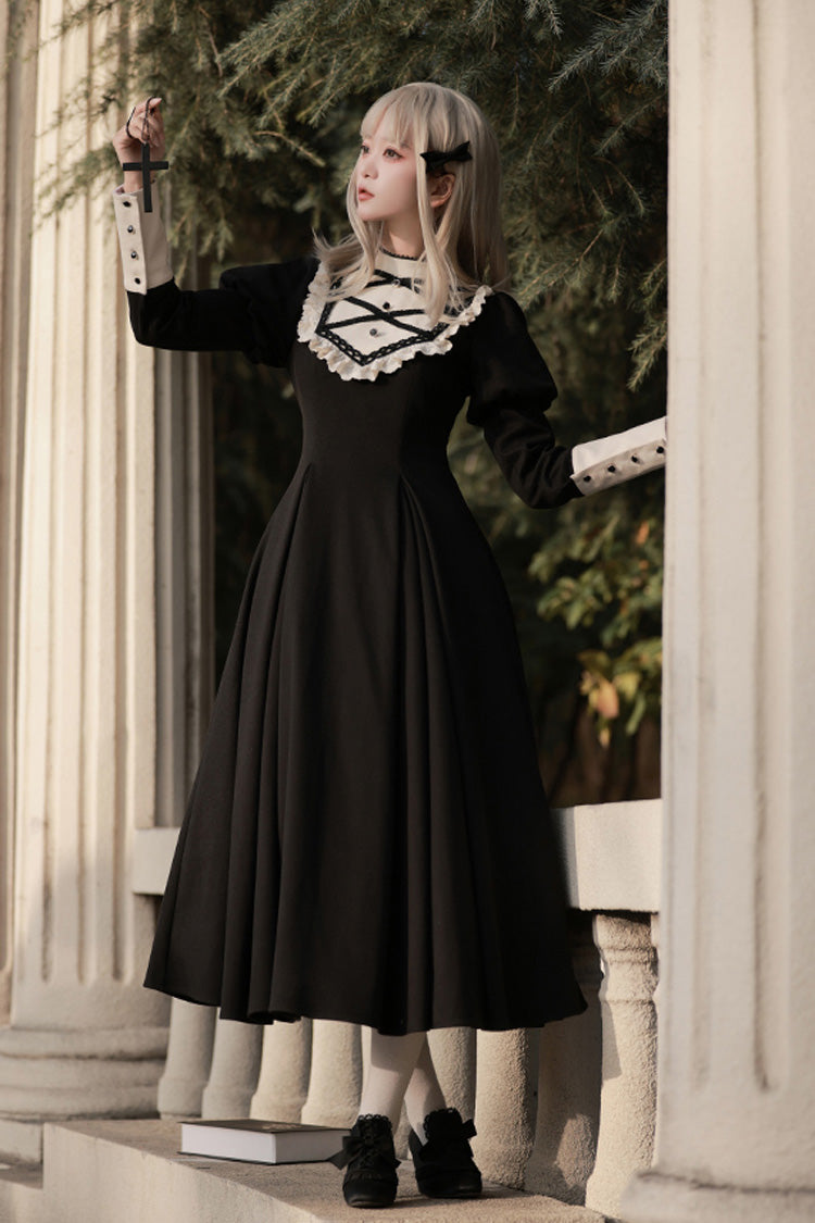 Schwarzes Lolita-Kleid im Nonnenstil mit Stehkragen und langen Ärmeln, Rüschen und Schleife