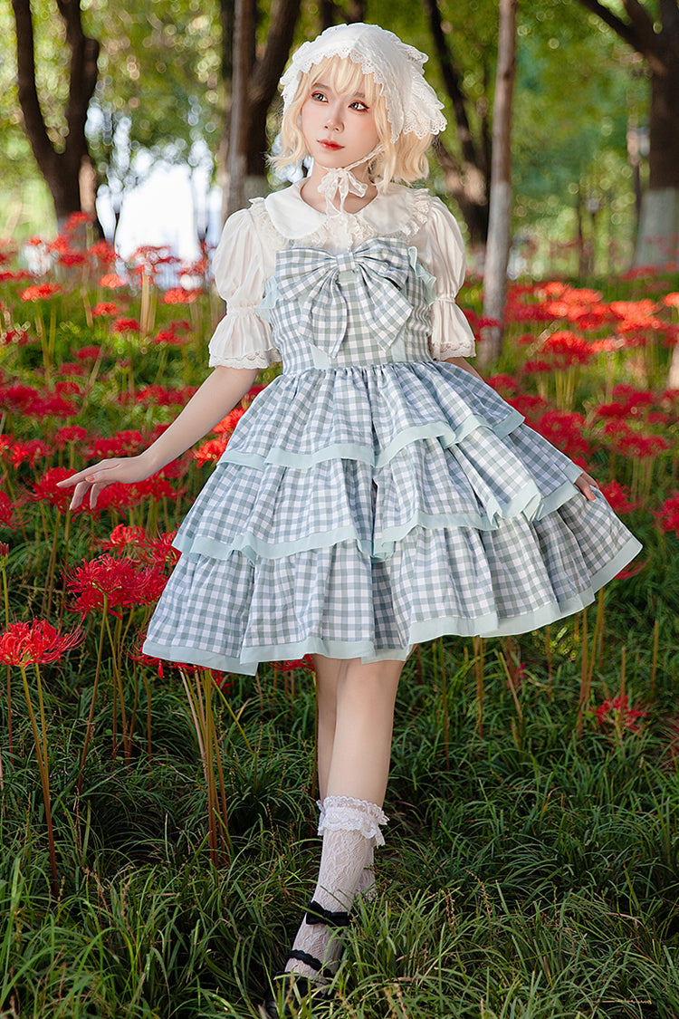 Blau [Cloth Cat] Süßes Lolita-Kleid mit dreilagigem Karomuster, Rüschen und Schleife, 2 Farben