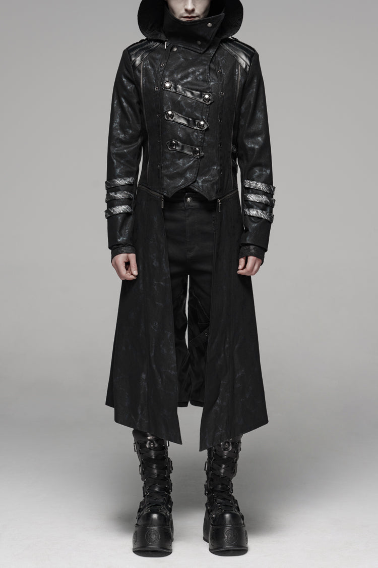 Black Stand Collar Metal Buckle Long Sleeves Mens Steampunk Coat