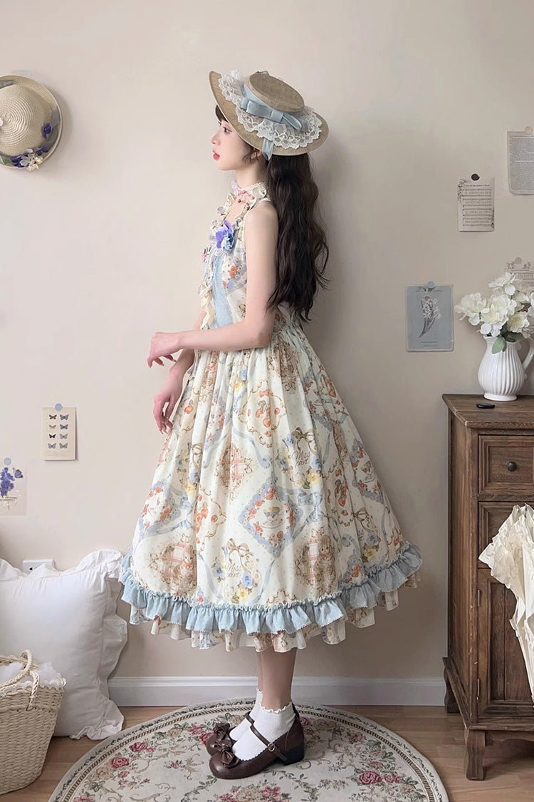 Cat Rose Tea Sleeveless Print Ruffle Bowknot Sweet Lolita Jumper Dress 3 Colors