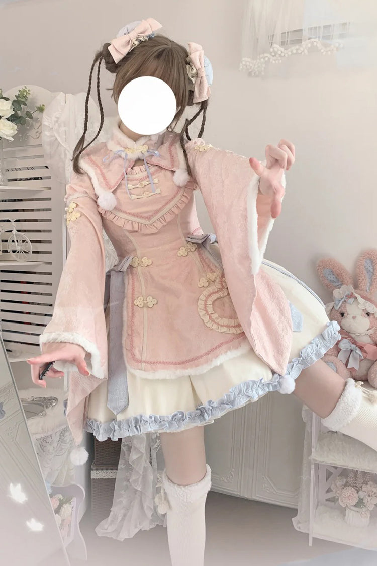 Pink Long Sleeves Ruffle Bowknot Sweet Chinese Style Lolita Dress