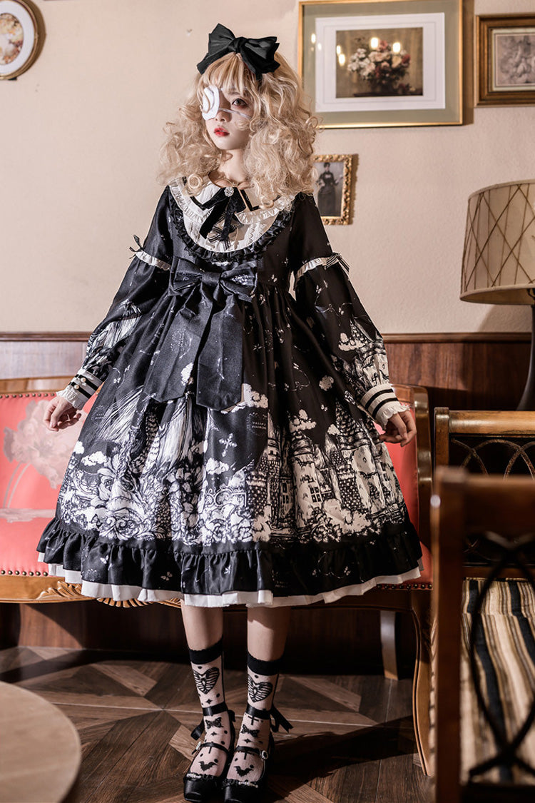 Schwarzes [Castle Night] Bedrucktes Gothic Lolita Kleid mit langen Ärmeln und Rüschen