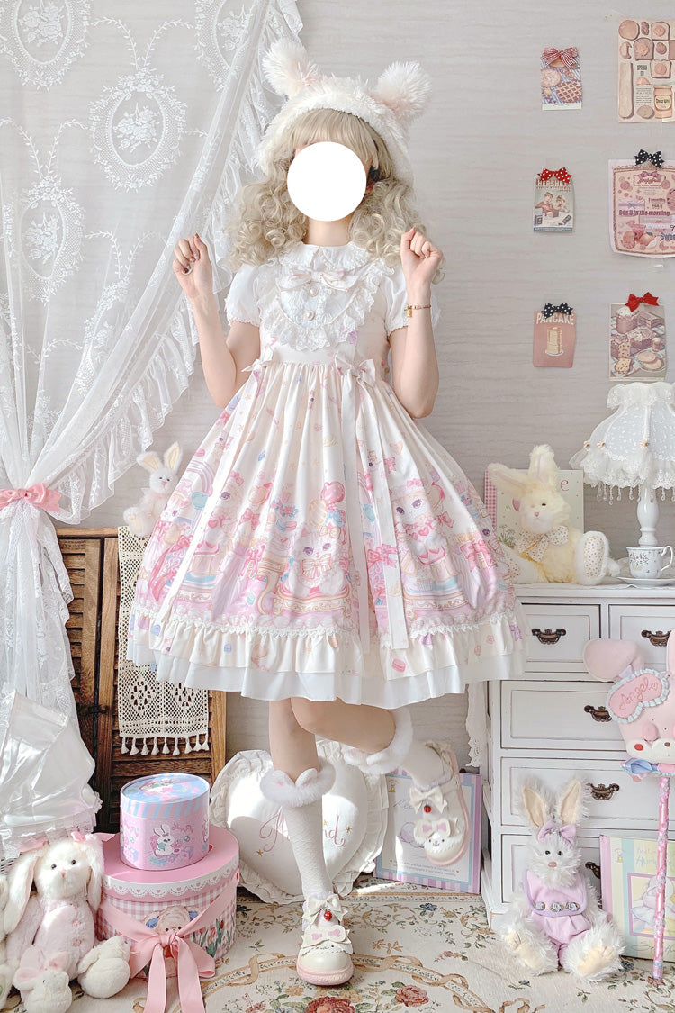 Elfenbeinfarbenes süßes Lolita JSK-Kleid mit Katzen-Print und hoher Taille, Rüschen und Schleife