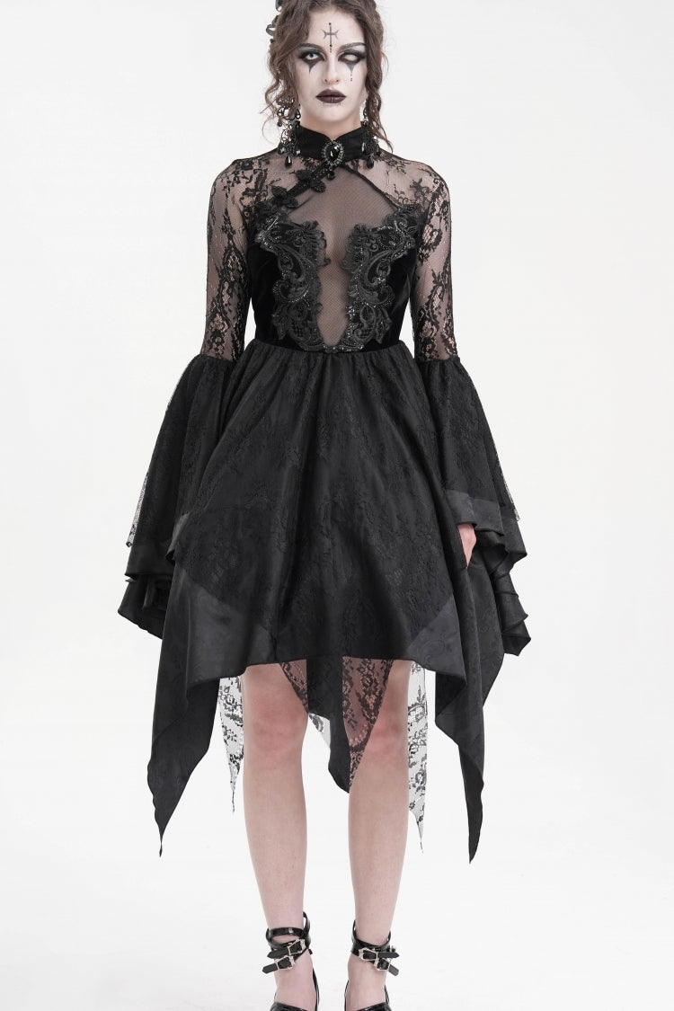 Black Long Sleeves Embroidery Lace Lace-Up Irregular Sheer Mesh Women's Gothic Dress