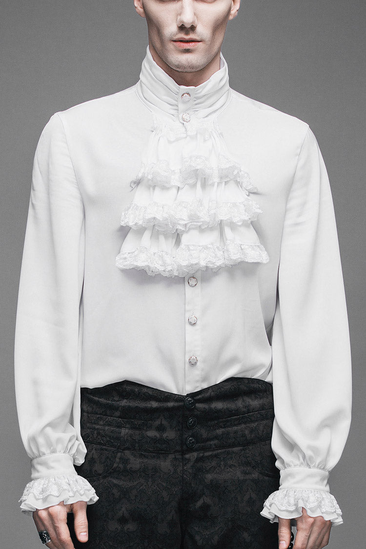 White Ruffled Lace Button-Up Micro-bullet Chiffon Long Sleeve Men's Gothic Shirt