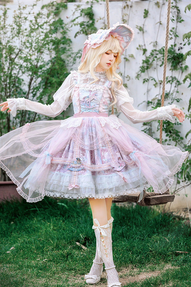 Pink/Blue [Pegasus Park] Multi-Layered Print Ruffle Bowknot Lace Sweet Gorgeous Lolita Jsk Dress