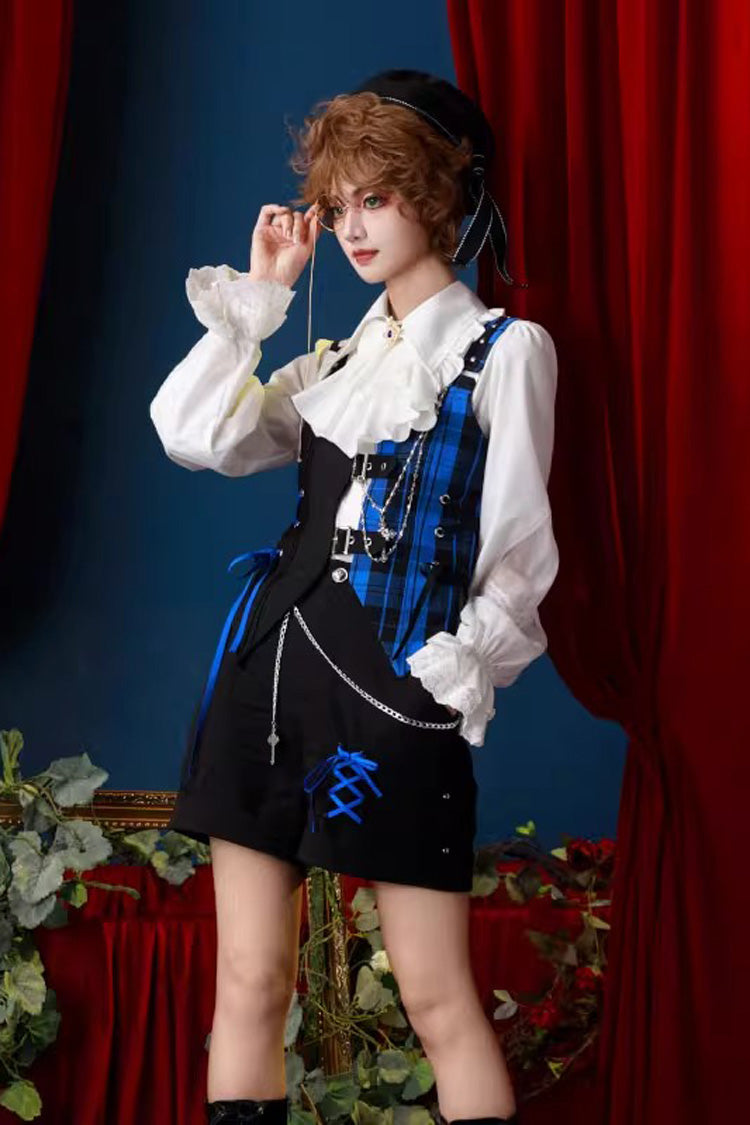 Subculture Plaid Print Ouji Fashion Prince Lolita Blouse Shorts Vest Set