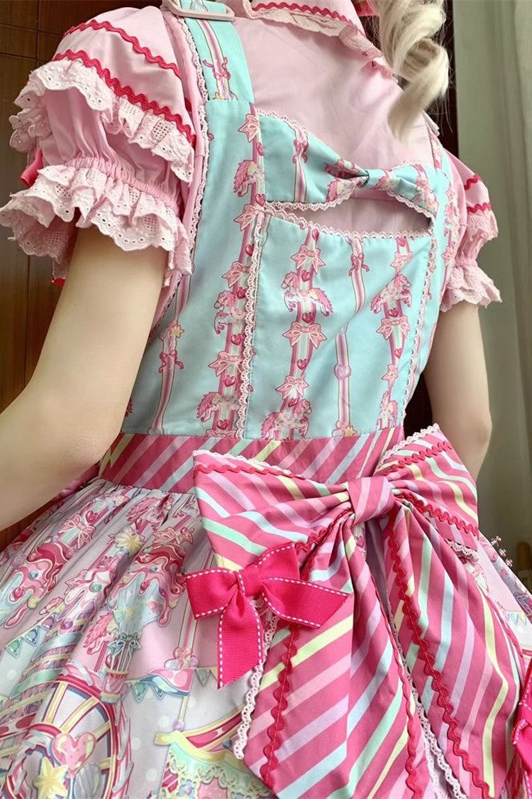 Candy Park Print Ruffle Bowknot Sweet Lolita Strap Dress 2 Colors