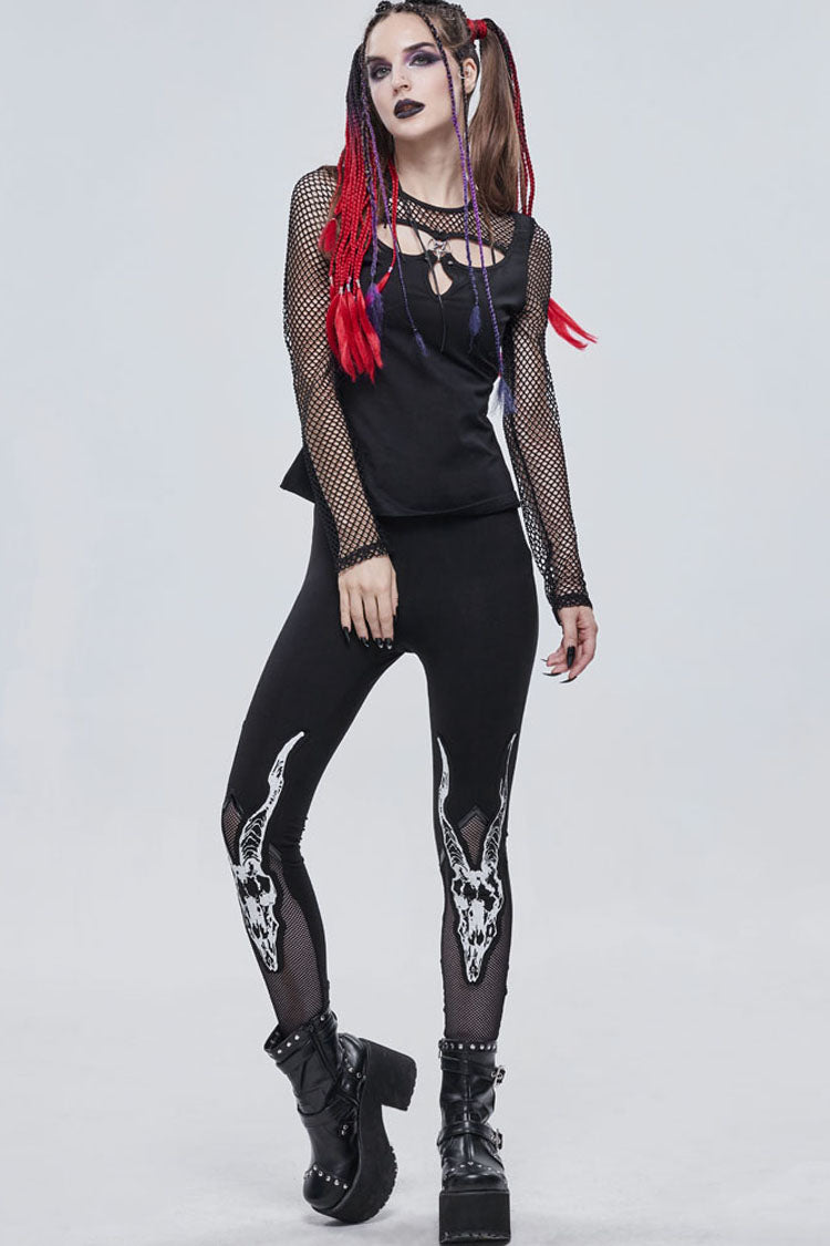 Black Gothic Stretch Knitted Fabric Spliced Mesh Devil Sheep Head Pattern Printing Women's Leggings