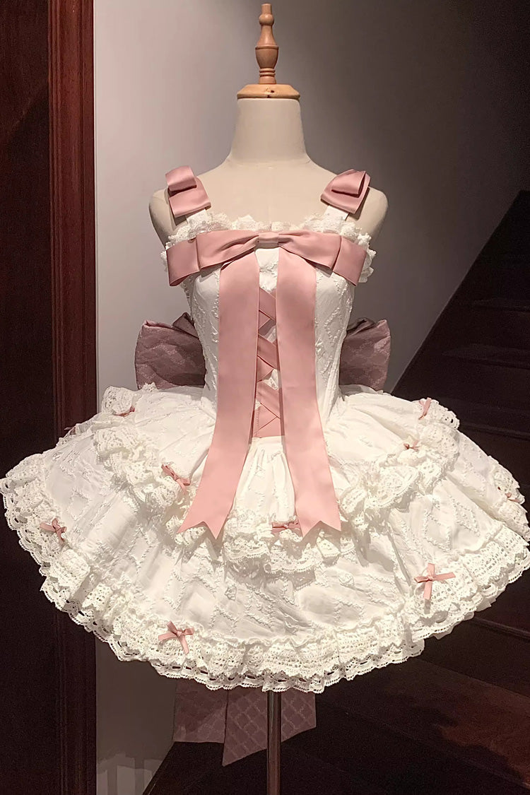 Rosa/weißes Lolita-Kleid mit Schleife und Stickereien und Schnürung, süßes, elegantes Prinzessinnen-Kleid